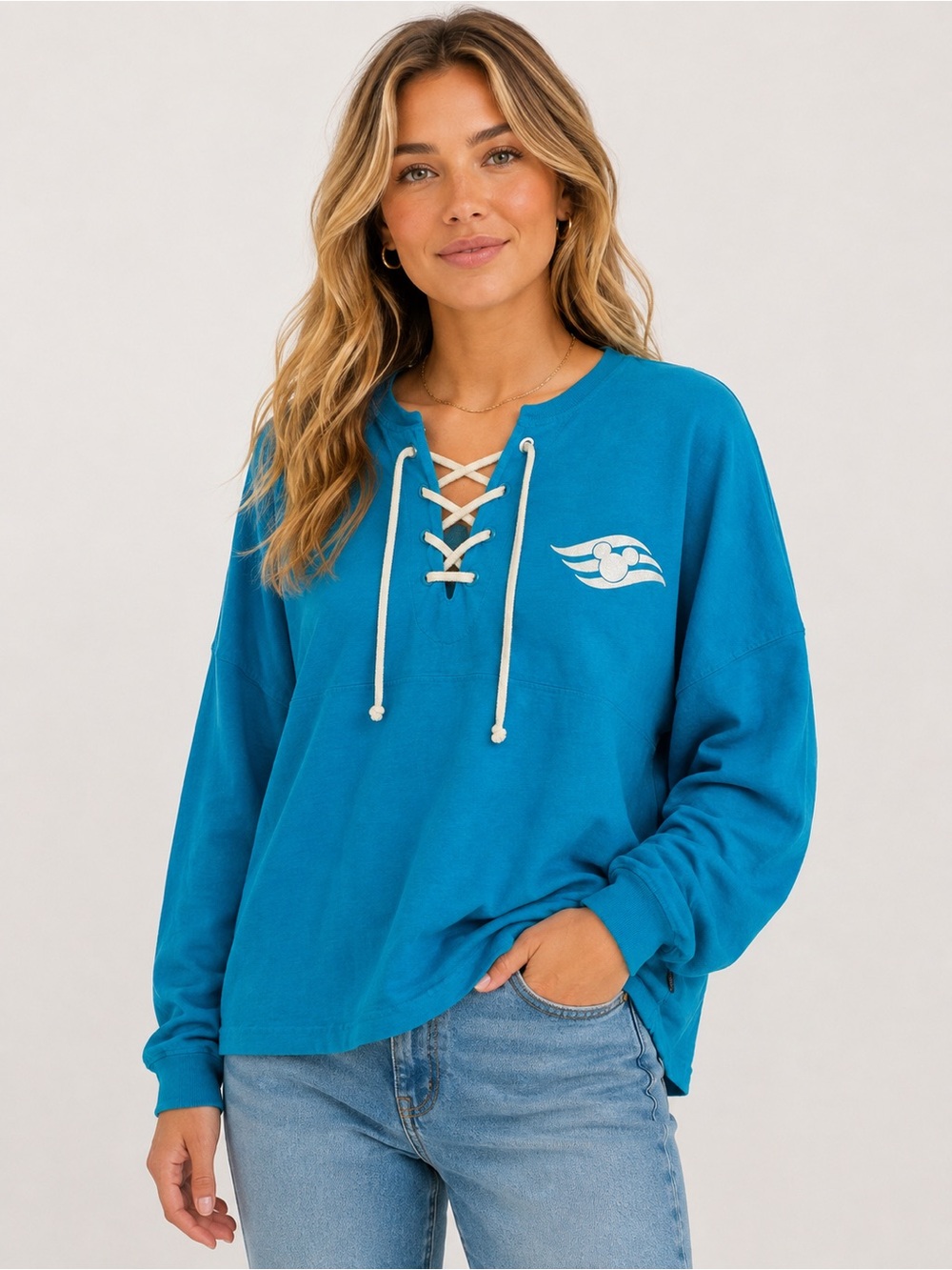 Disney Cruise Line Teal Lace Up Spirit Jersey Pullover Sweatshirt Medium